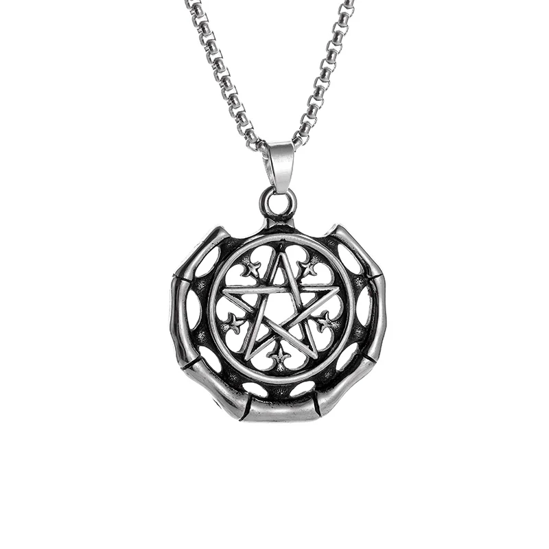 Retro Fashion Hollow Bamboo Shape Pentagram C-Shaped Surround Pendant Necklace for Men and Women Punk Personalized Party Gift