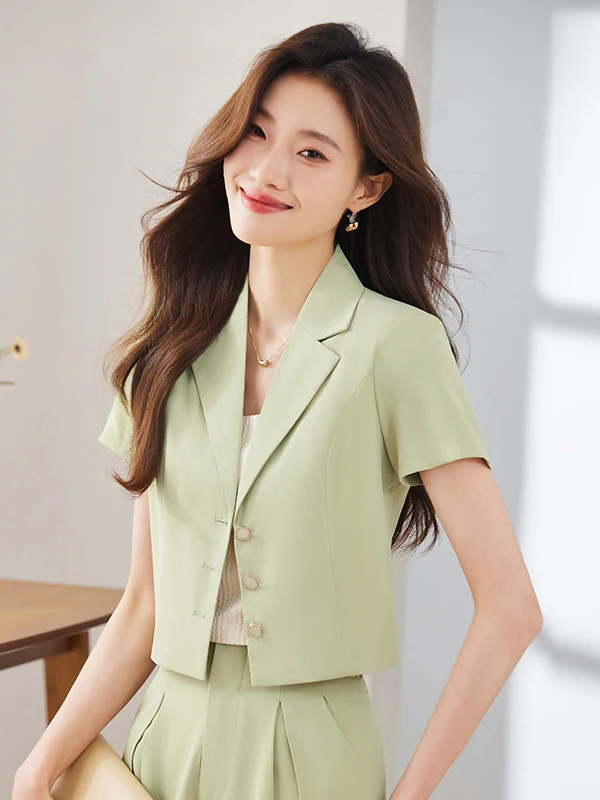 

Green Short Thin Suit Jacket for Women Summer New Hotel Front Desk Work Uniform Formal Polyester Commute Style Fitted Type