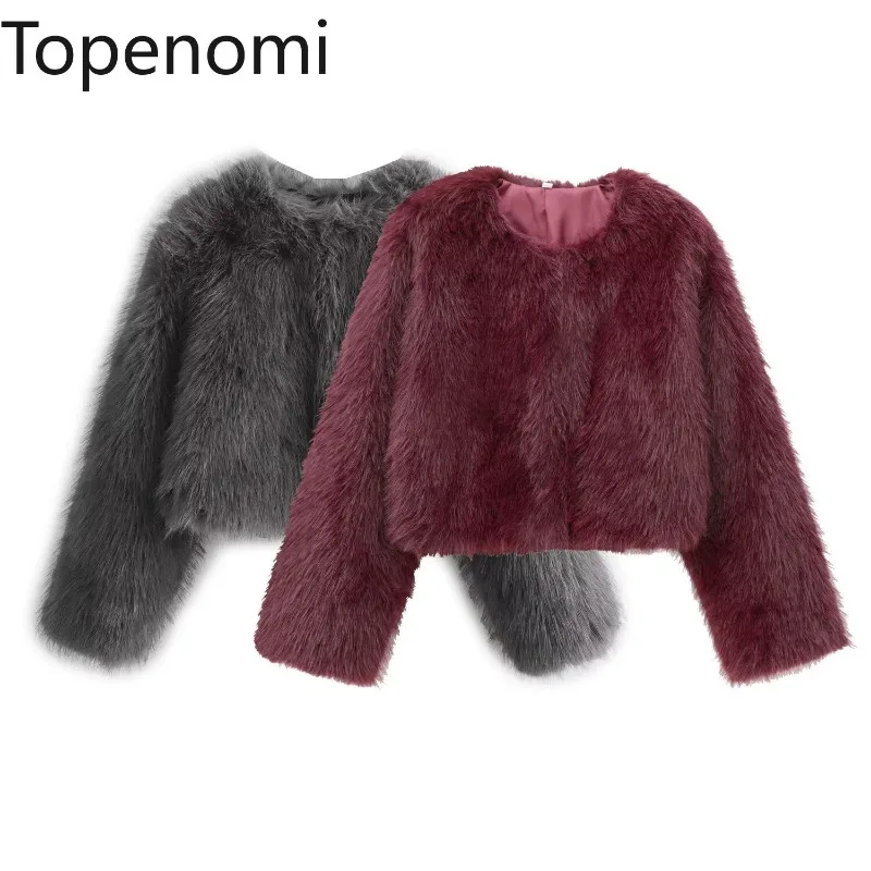 Topenomi Fashion Fur Jacket Women 2024 Autumn Winter Round Neck Loose Short Coats Tops American Luxury Chaquetas Para Mujer