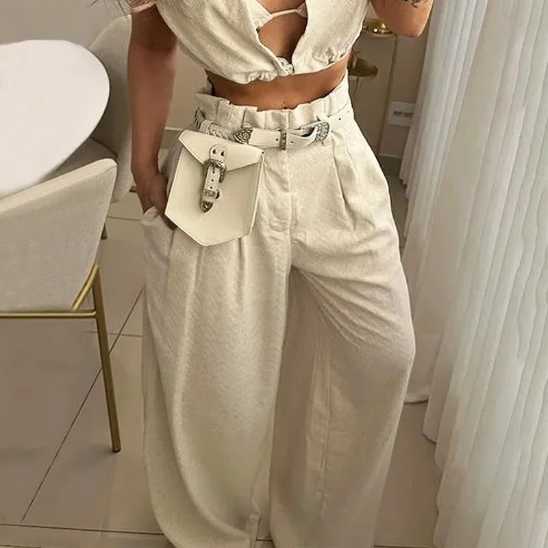 Pant Sets Women Two Piece Set Sleeveless Turn Down Collar Matching Sets Short Tops Long Wide Leg Pants High Waist Streetwear