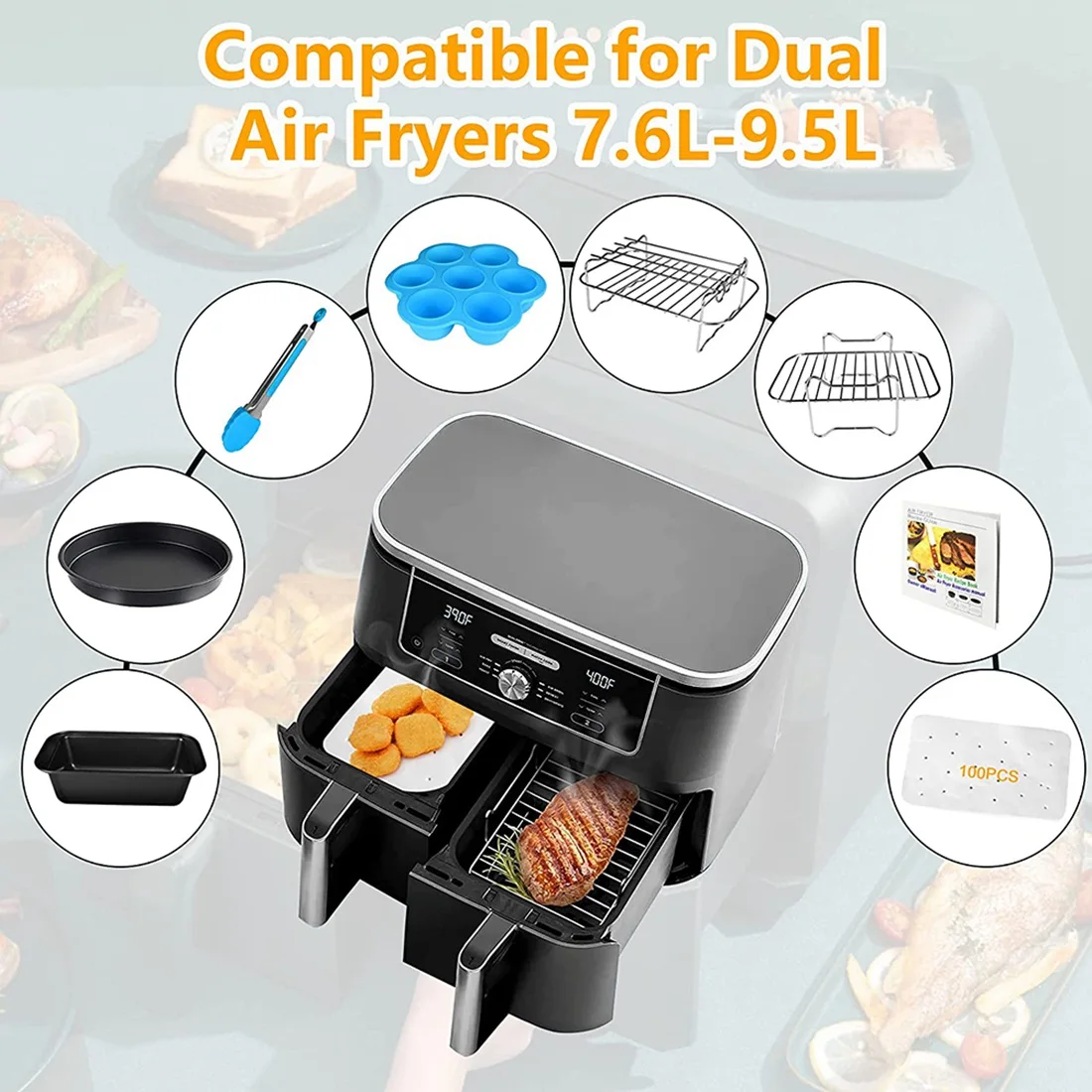 อุปกรณ์เสริม Air Fryer,ตะกร้าคู่ Airfryer อุปกรณ์เสริมสําหรับ Ninja Foodi,Instant Vortex,Air Fryers 7.6L-9.6L