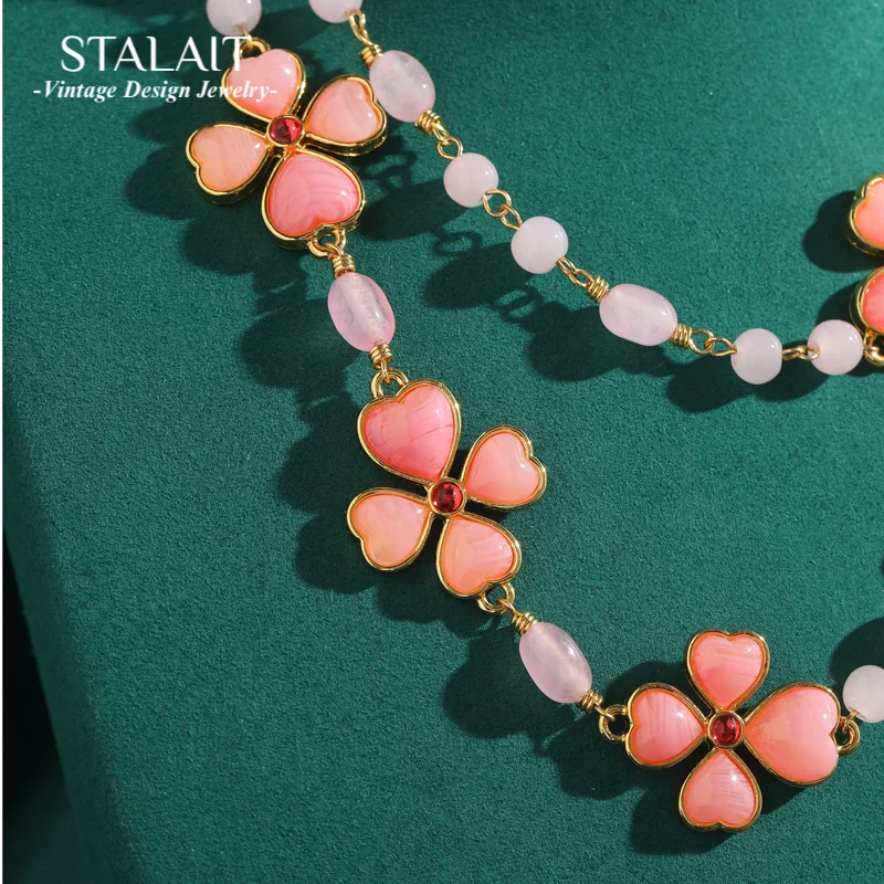 

Vintage Princess Pink Layered Necklace Bead Crystal Hibiscus Four Leaf Clover Natural Stone For Girl Summer Accessories New In