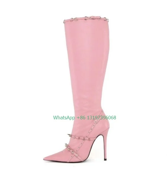 

Lady Pink Spikes Design Pointed Toe Knee Boots Stiletto Heel PU Metal Design Boots Size Footwear Size Balck White Color Boots 46