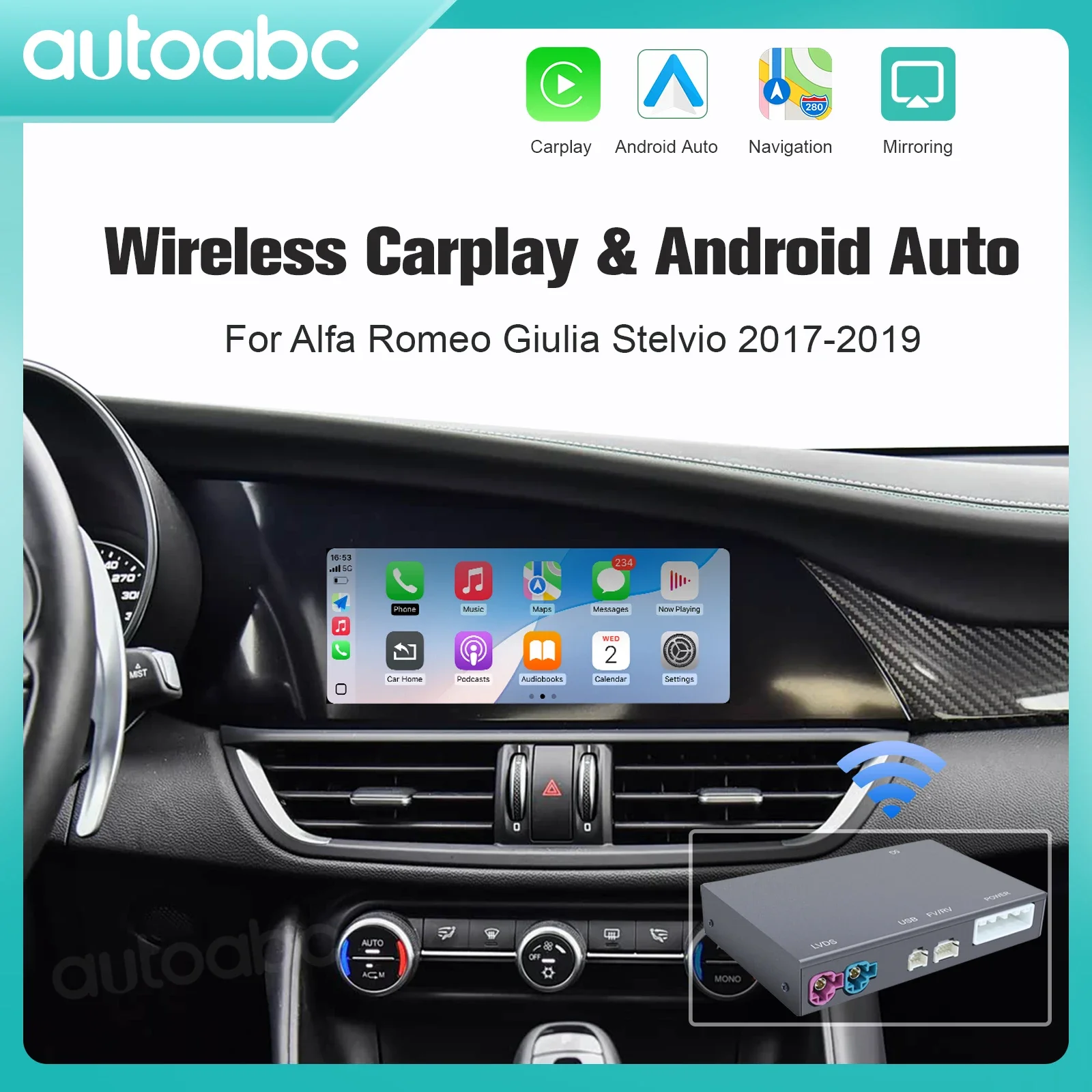 AUTOABC 2025 Neue Für Alfa Romeo Stelvio/Giulia 2017-2019 Drahtlose CarPlay Android Auto AirPlay Navigation Auto spielen Funktionen