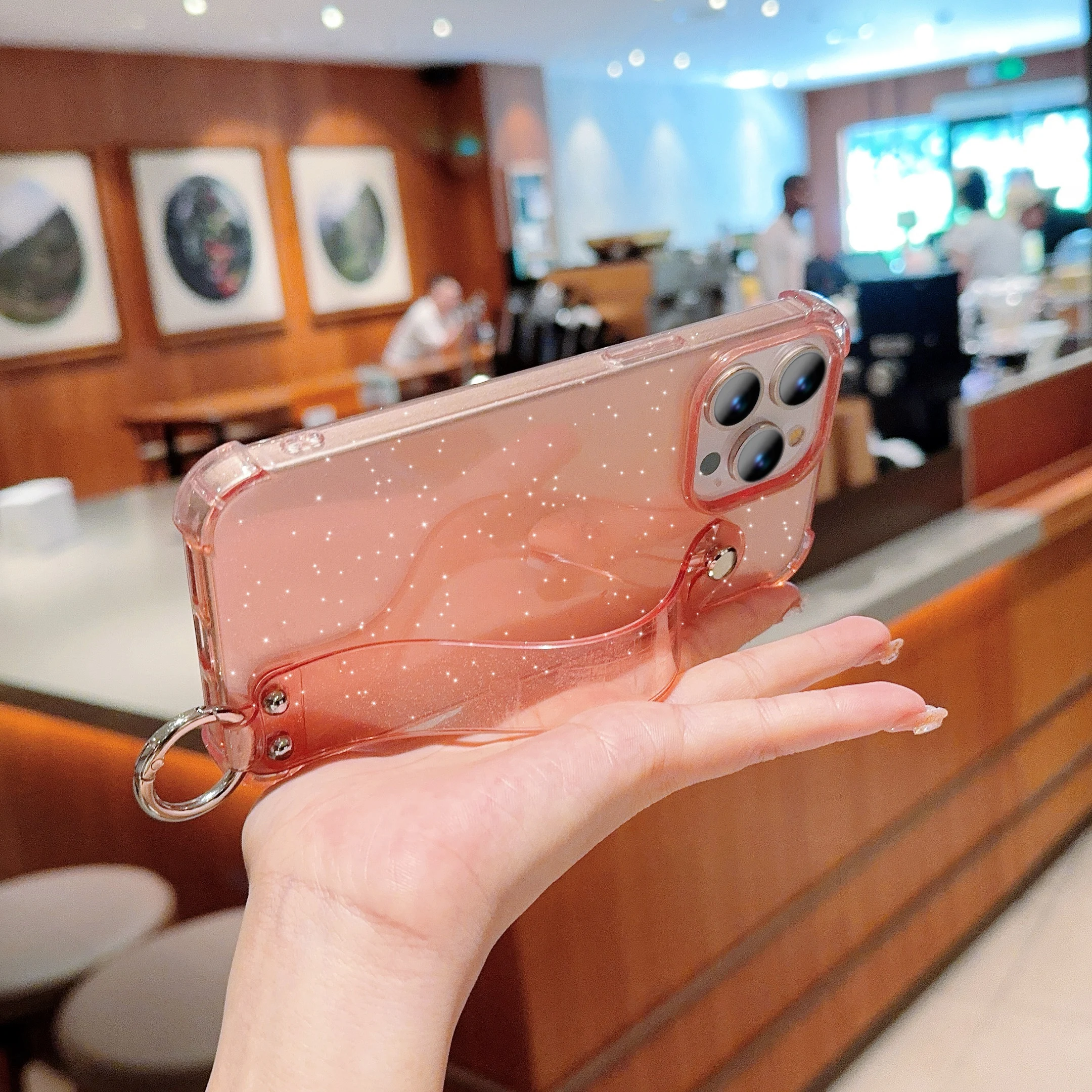 

Luxury Glitter Transparent Wrist Strap Case For iPhone 11 12 13 14 15 16 Pro Max XR X XS Silicone Soft Shockproof Cover