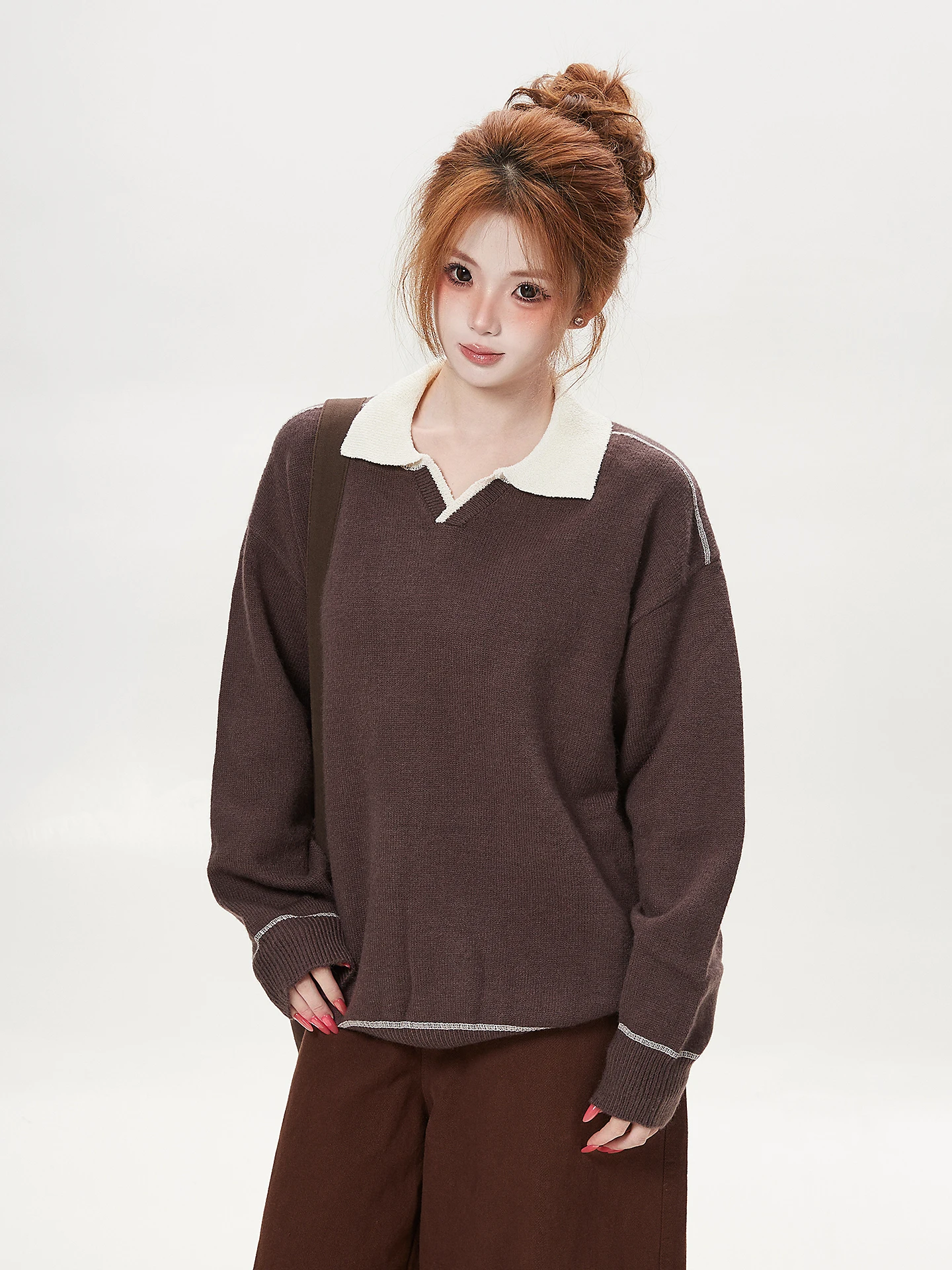 Casual Basic Pure Color  Collar Knitted Sweater for Women Loose Bf Style Autumn Season Couple Splicing Knitwear