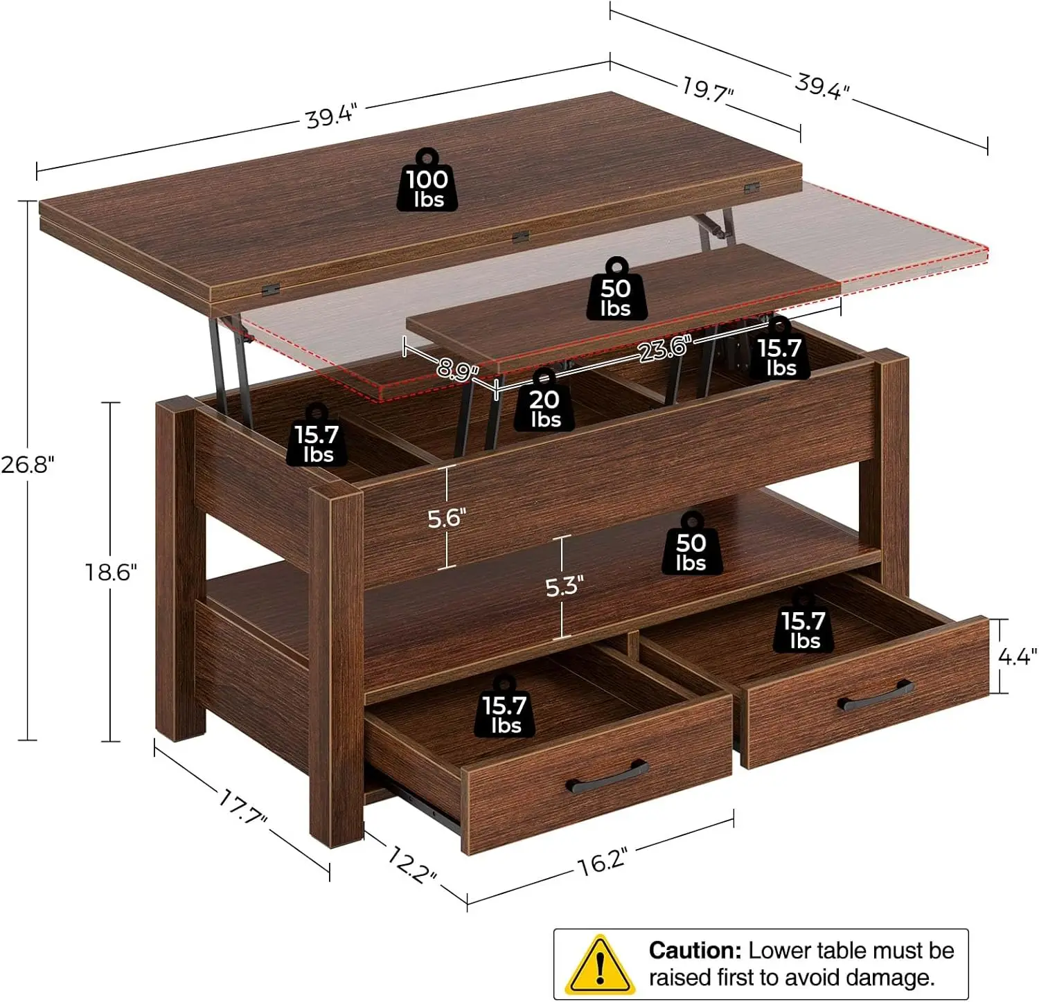 Mesa de centro con tapa elevable, mesa de centro convertible multifunción con cajones y compartimento oculto, mesa de centro convertida