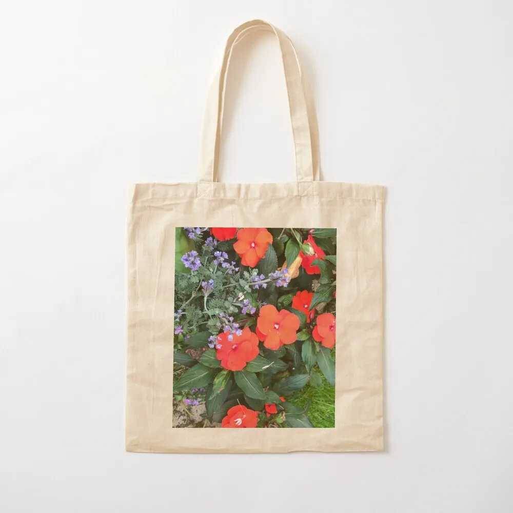 

Vermillion Busy Lizzies and Lilac Violets Tote Bag tote bags aesthetic shopper bags Canvas Tote Bag