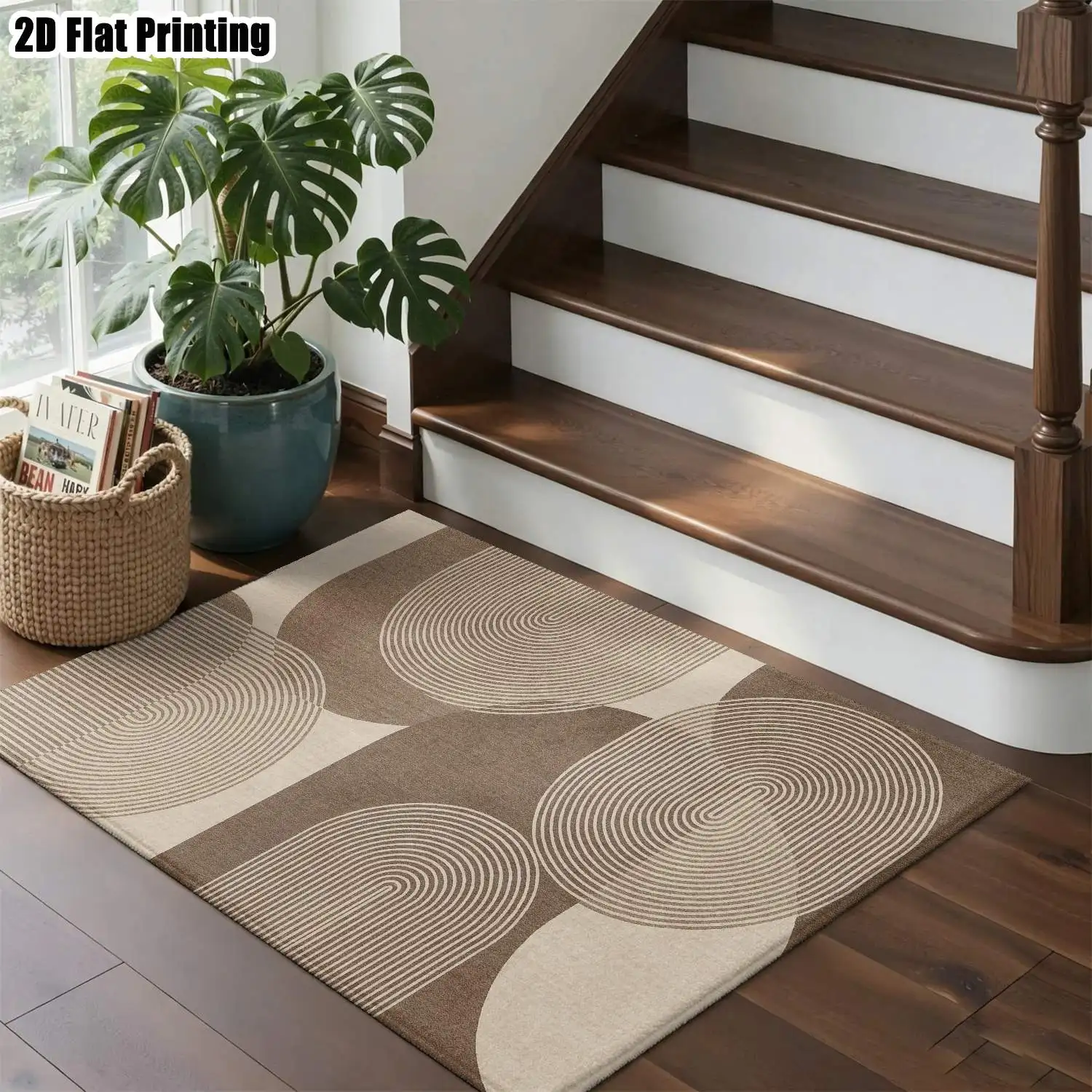 1Pc 2D Printed Brown & White Geometric Stripe Nordic Modern Minimalist Abstract Art Carpet for Home Decor, Multi-Size, Machine Washable, Usable as Entrance/Dining/Foyer/Living/Bedroom Mat