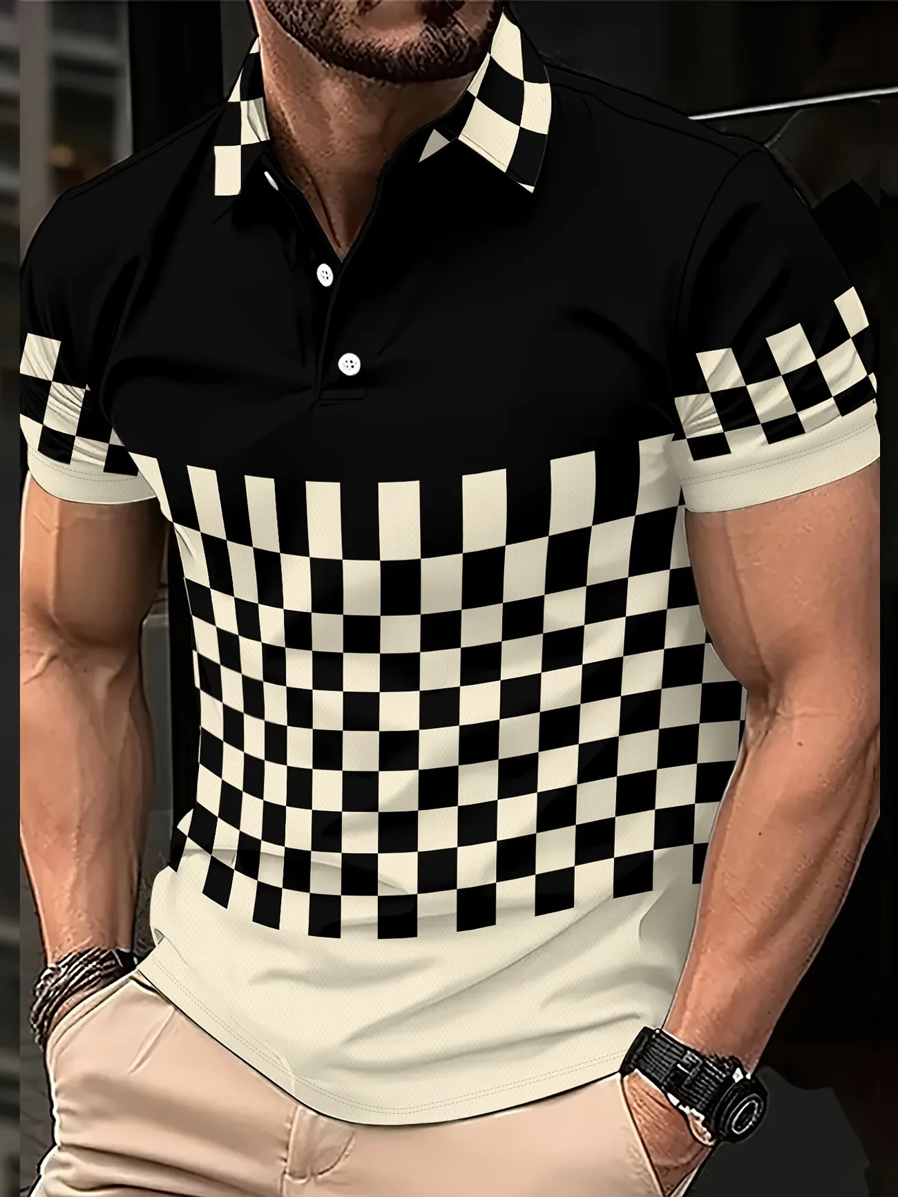 2026 popular polo shirt men's color blocked digital print daily striped pattern short sleeved shirt simple sports style