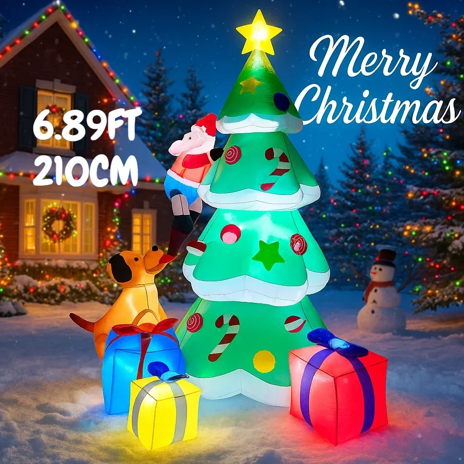 6.89FT LED Lit Inflatable Toy Christmas Tree Decor Set Santa Claus Dog Gifts Box Xmas Yard Supplies Home Ornament Festive Gift