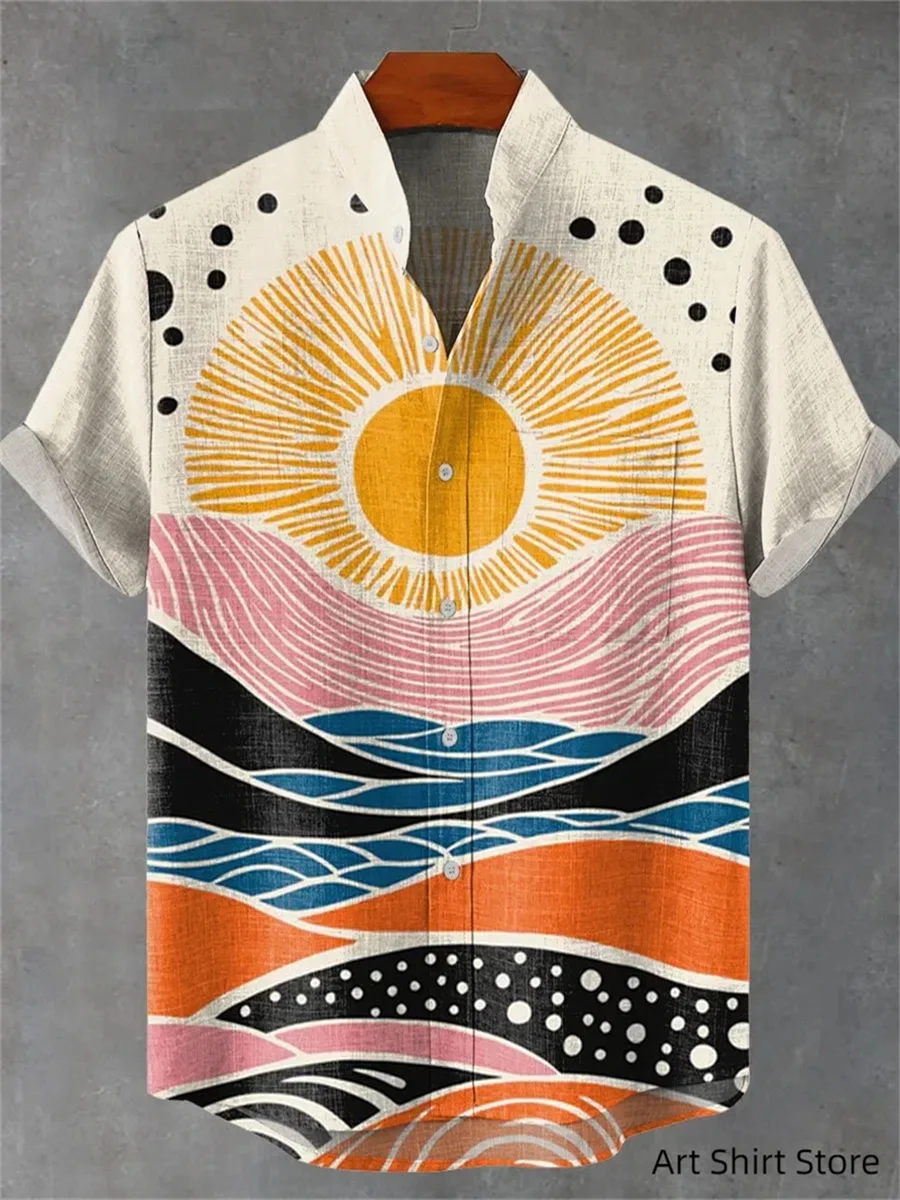 2025 Men's Luxury Casual Simple Summer Art Sunflower Vintage Print Short Sleeve Shirt Comfortable Casual Button Top