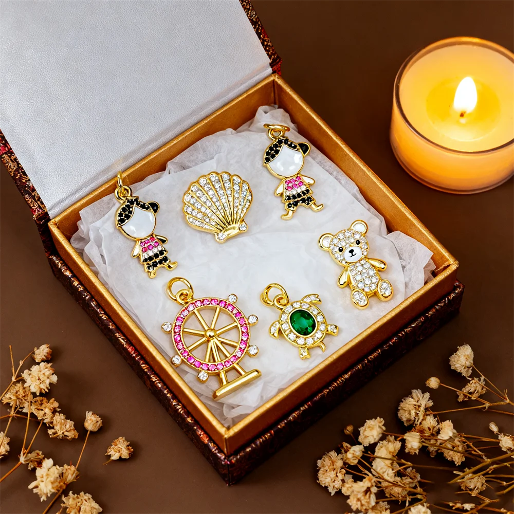 

2Pcs Pendants Brass Cubic Zirconia Enamel DIY Jewelry Charms Ferris Wheel Doll Animal Shell Turtle for Women Men Jewelry Making