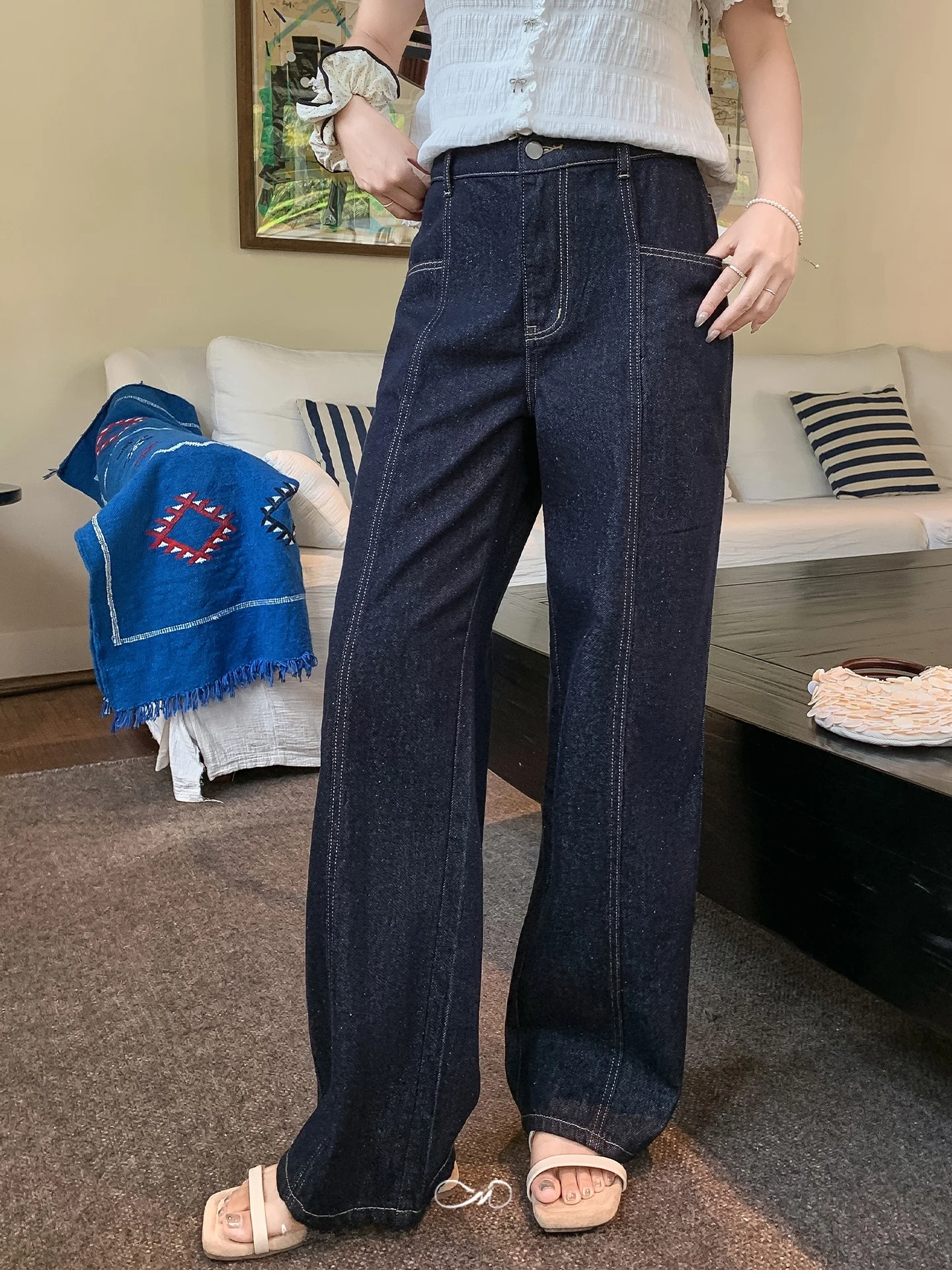 

Синие свободные повседневные брюки прямого кроя с высокой талией, хлопковые, летние, больших размеров, женские, модные, с разрезами, винтажный стиль