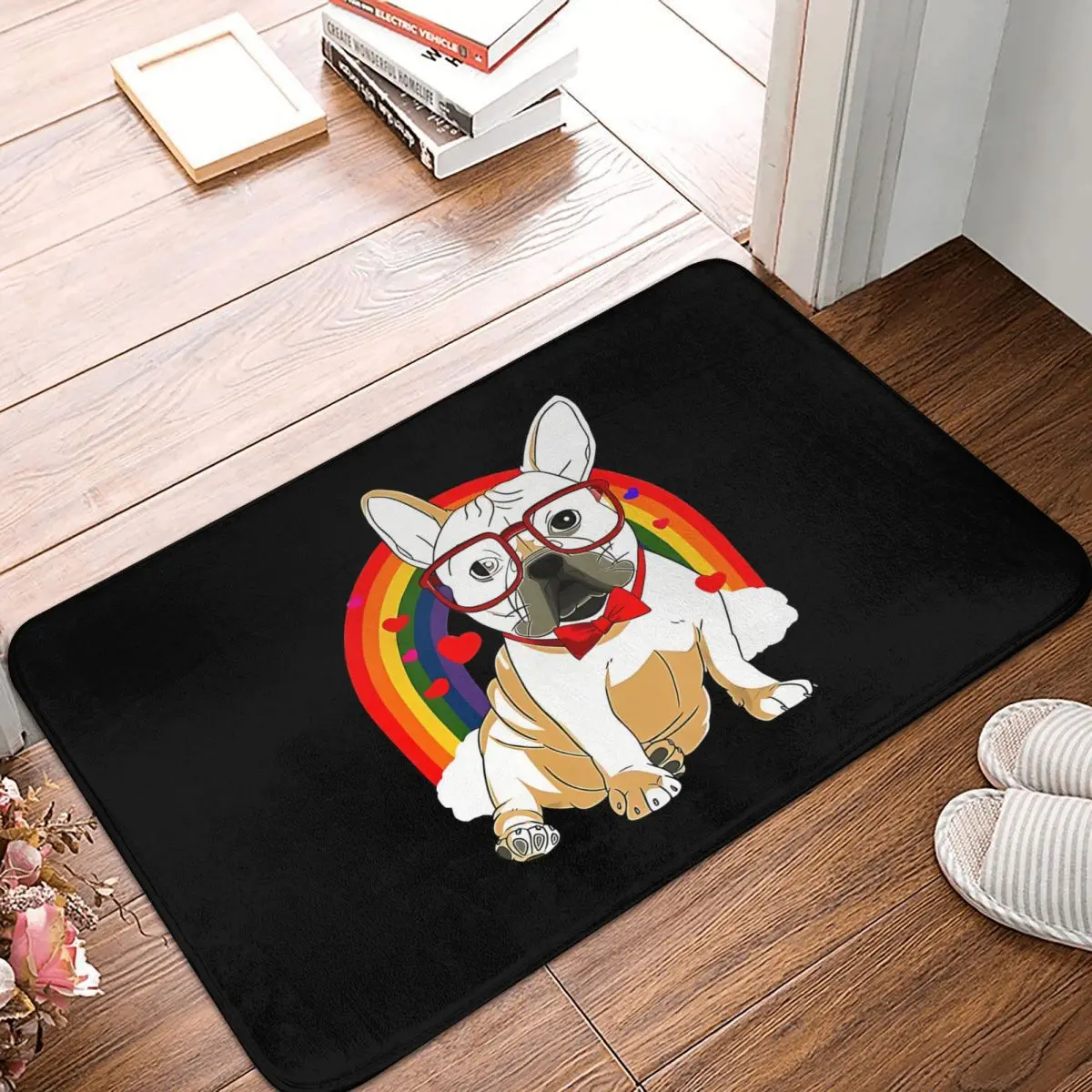 พรมกันลื่นสำหรับห้องครัวลายสุนัขพันธุ์เฟรนช์บูลด็อกพรมเช็ดเท้าสำหรับวันวาเลนไทน์พรมเช็ดเท้าพรมตกแต่งหน้าประตูทางเข้าประตู