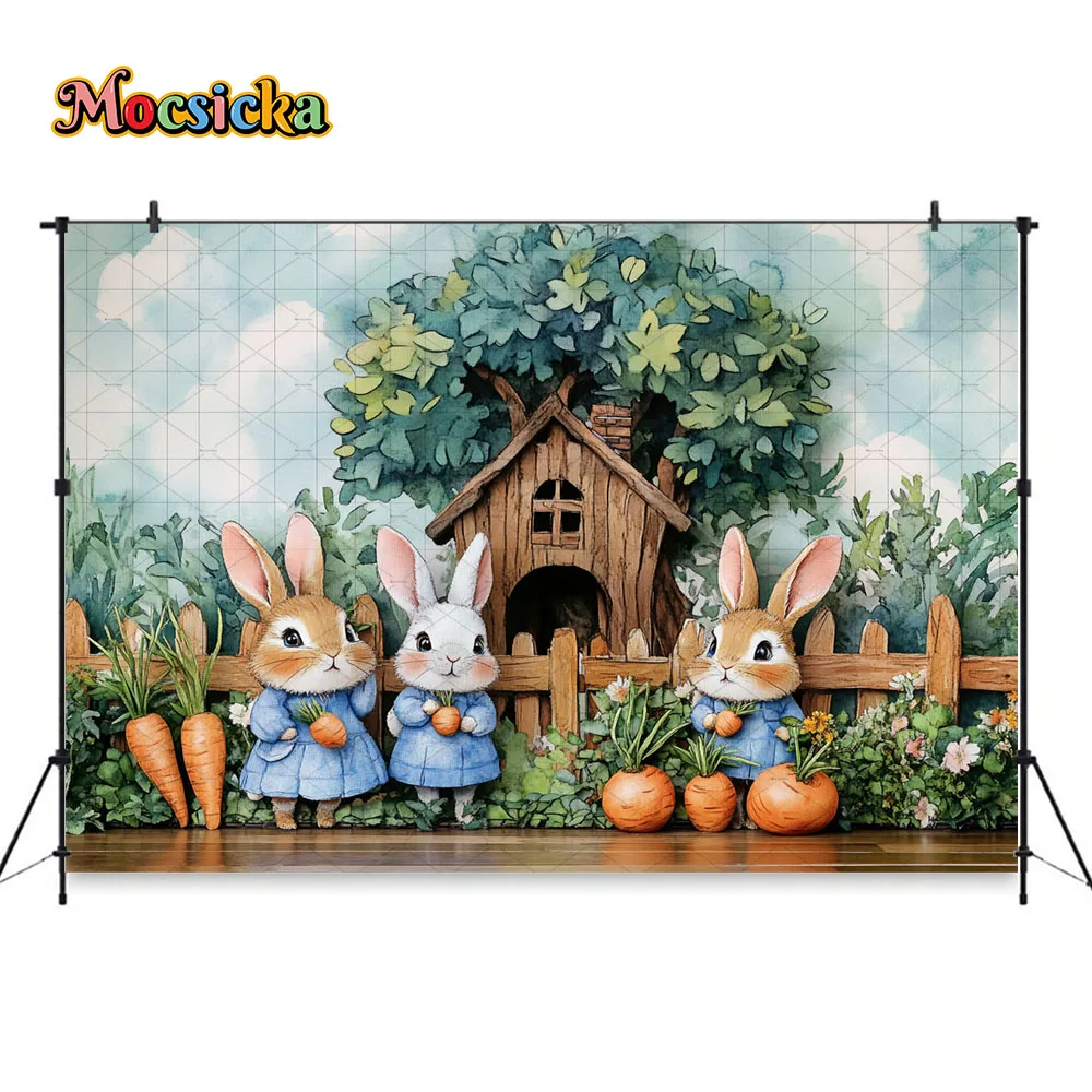 Spring Easter Background Photography Cartoon Rabbit Carrot Manor Log Cabin Backdrop Decor Kids Birthday Cake Smash Photo Studio