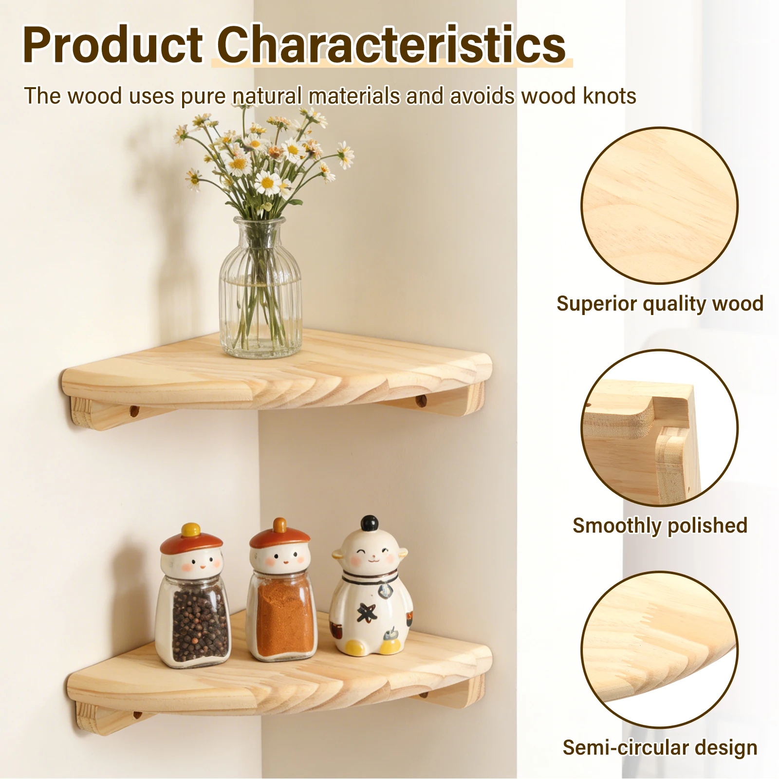 2/4Pcs Wall Mounted Corner Shelf Wooden Scalloped Floating Display Rack with Screw Decorative Corner Storage Rack for Home Study