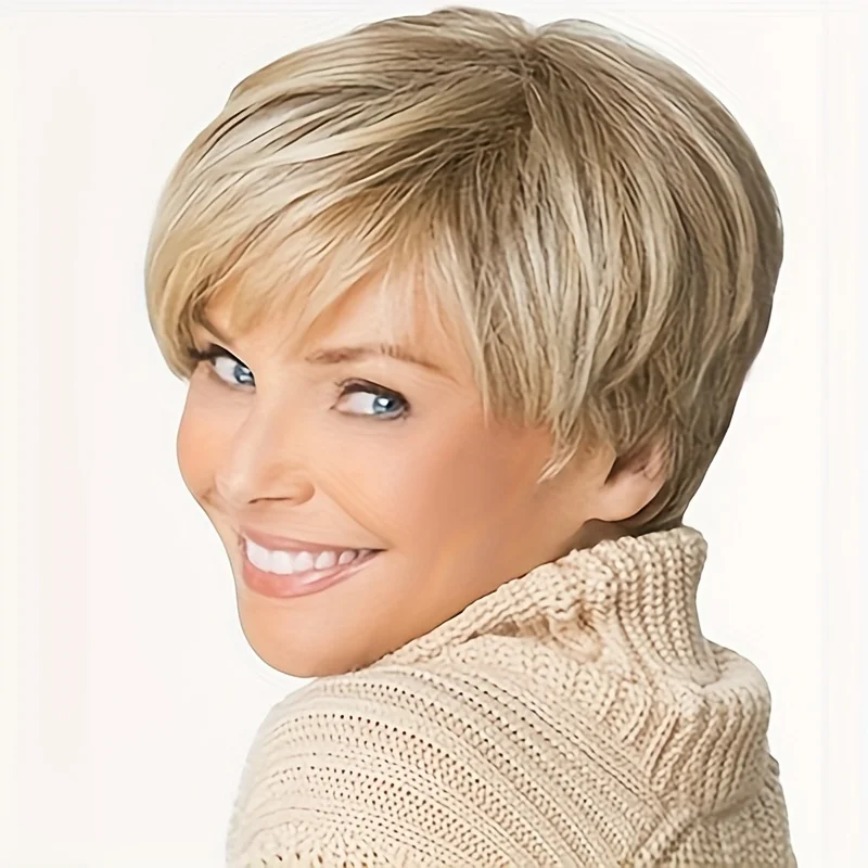 10-inch light gold short fashion ladies synthetic wig, straight short golden polyester hair with rose net