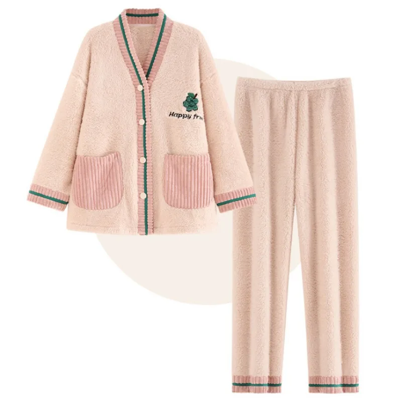 2023 New Coral Velvet Pajamas Women Autumn Winter Thickening Plus Loungewear Velvet Loose Sweet Cardigan Homewear Velvet Suit