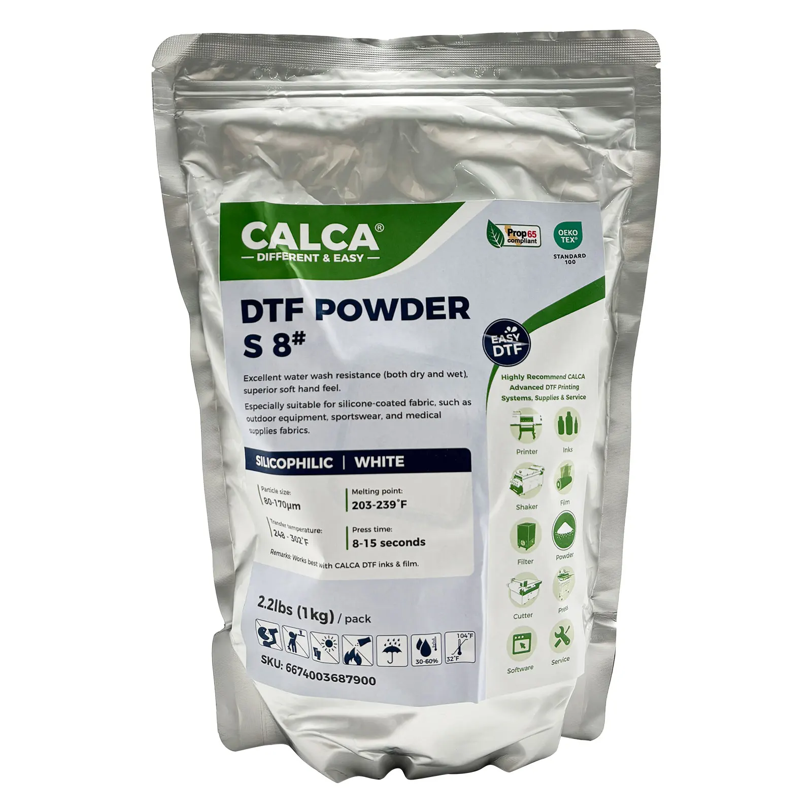 US Stock CALCA S8 Silicone-Friendly Fabric Fine White DTF Powder 1kg Hot Melt Powder for T-shirts Transfer Printing Wholesale
