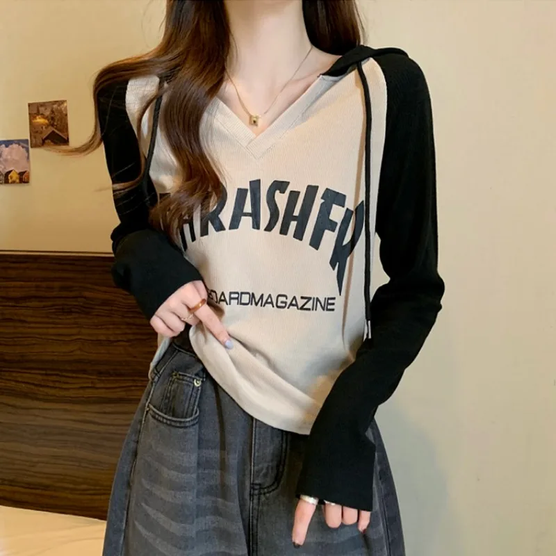 

Pure Cotton Hooded Sweater Spring Autumn Women Large Size Fashion V-neck T-shirt Female Korean Style Casual Versatile Top 2024