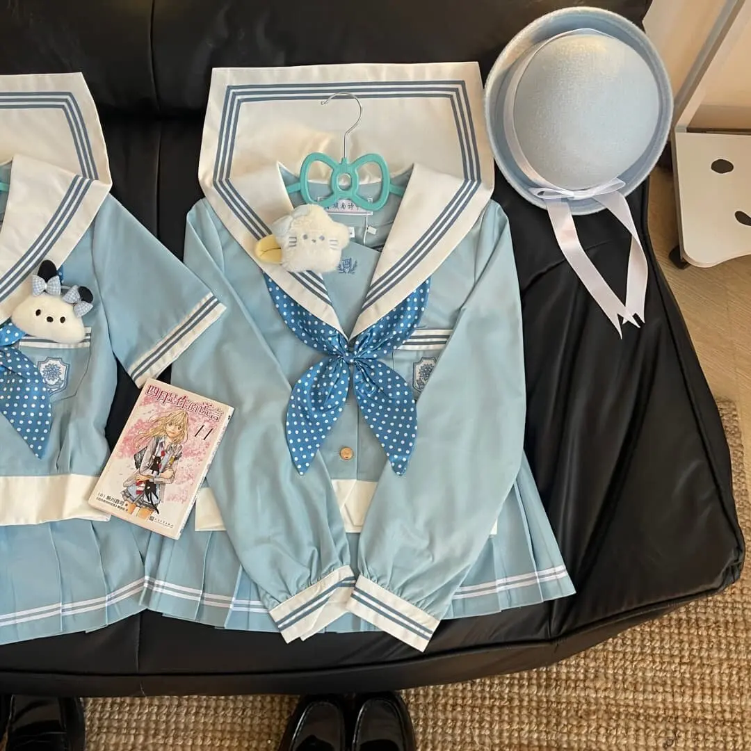 korean-high-school-uniform-japanese-orthodox-blue-seifuku-sailor-suit-student-kawaii-jk-outfit-cosplay-summer-pleated-skirt