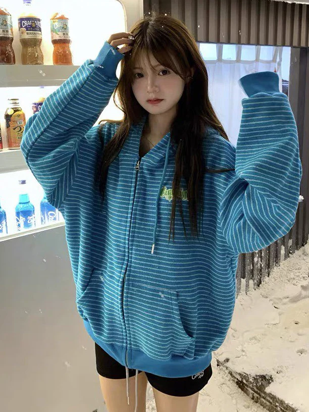 

plus Size Women's Fleece Lined Hooded Open Cardigan Sweatshirt Stripe Design Autumn Winter Outerwear Thickened Polyester Fiber