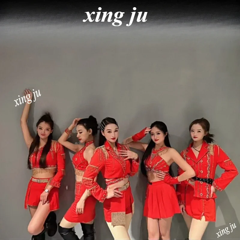

Women Group Nightclub DJ Stage Performance Costume Jazz Dance Sexy Red Short Coat Slim Halter Tops Pleated Skirt Tight Shorts