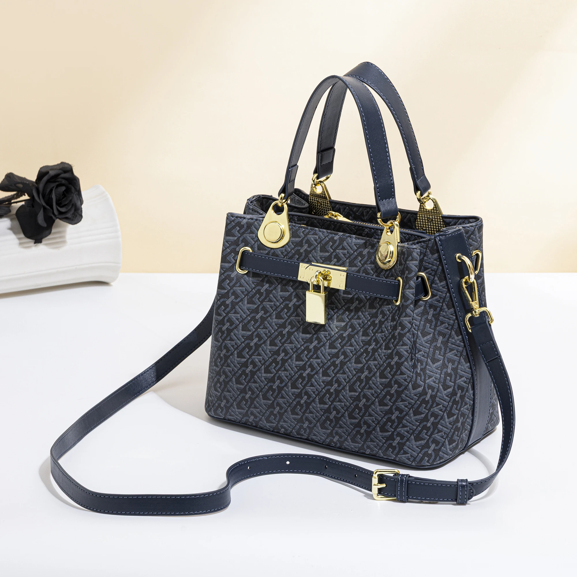 Vintage Monogram Jacquard Top-Handle Bag Classic Padlock Satchel Large Capacity Multi-Compartment Shoulder Crossbody Purse