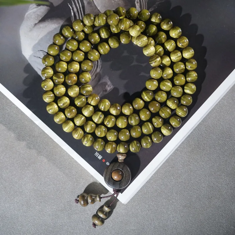 Large Leaf Golden Phoebe Full Water Wave Ebony Green Material 108 Beads Mala Bracelet Wooden String Wenwan Jewelry