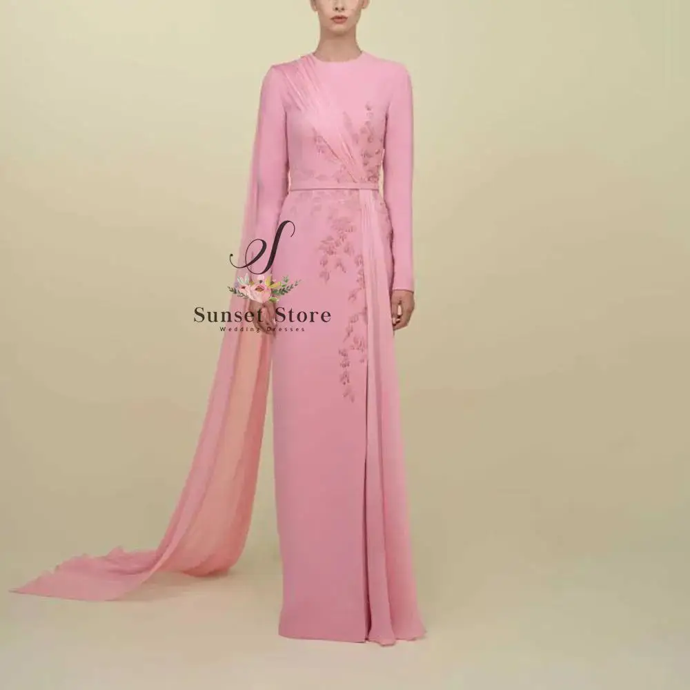 

Customized Pink Straight Evening Dresses with Cape O Neck Full Sleeve Arabic Dubai Formal Gown Side Split Long vestidos de noche