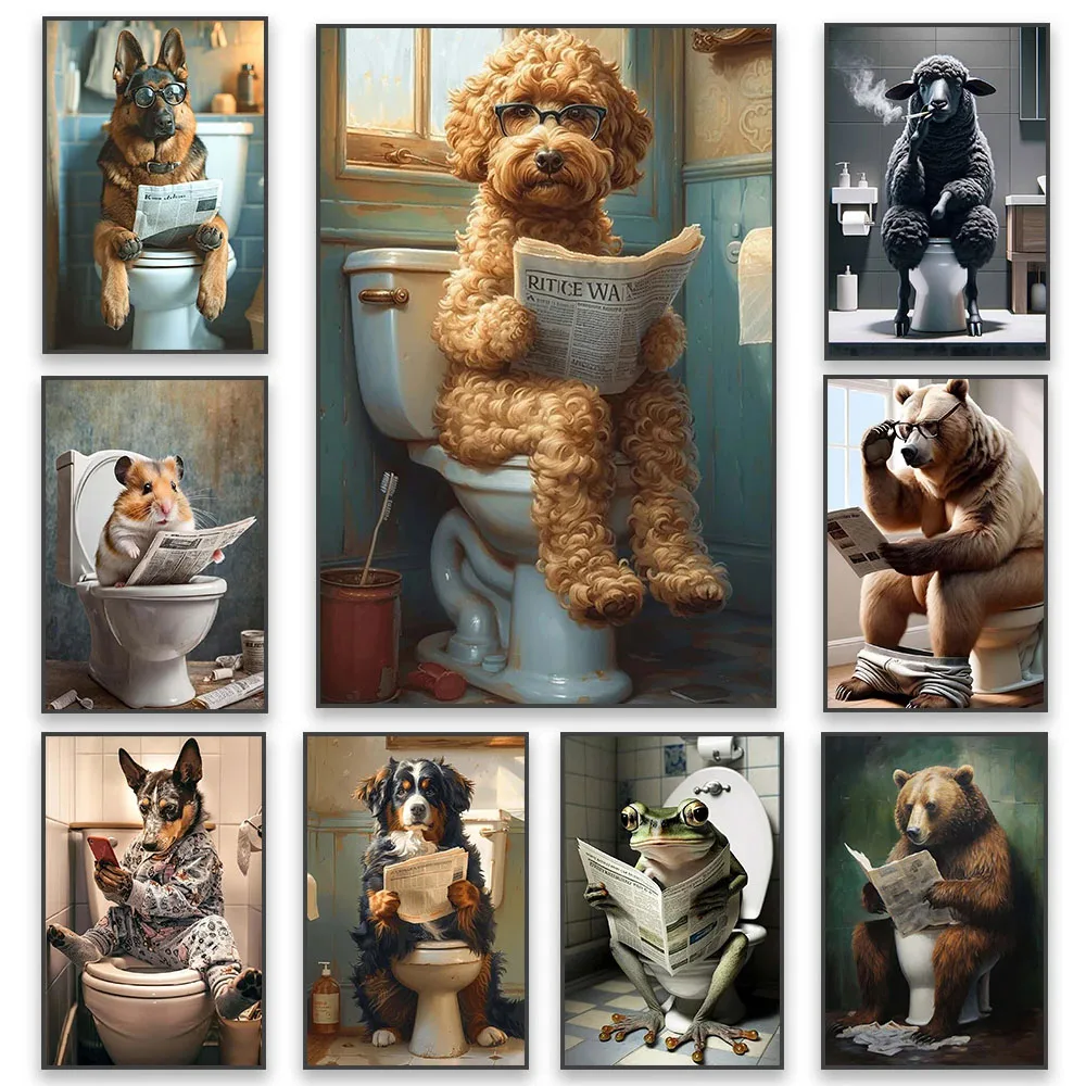 Funny Animal Sitting on Toilet Reading Newspaper 5D Diy diamond painting Funny Art Mosaic Embroidery Rhinestones Bathroom Decor