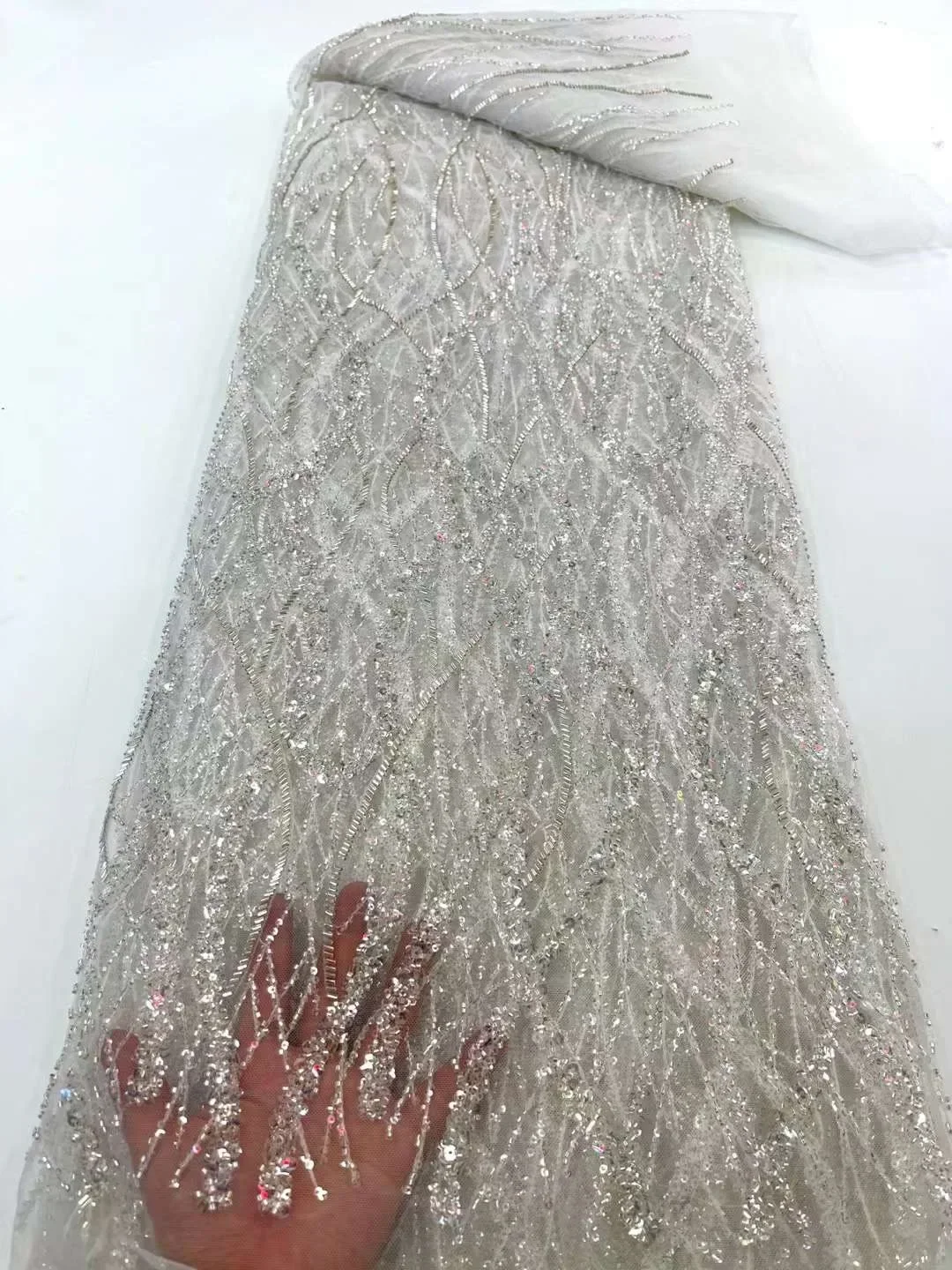 

5Yards African 2025 High Quality Mesh Sequins Embroidery Beaded Tulle Nigerian Lace Fabrics For Bridal Material Wedding sewing