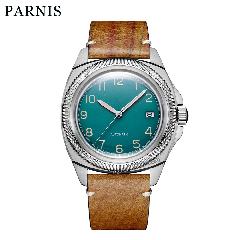 Parnis 41mm Green Dial Sapphire Glass Japan SeikoNH35 Automatic Mechanical Men Watches Brown Leather Strap  Sports Watch Men