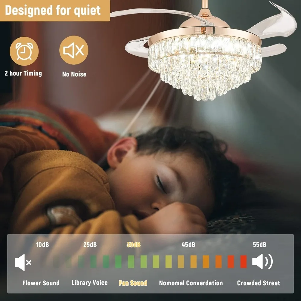 42'' Dimmable Ceiling Fan with Light and Remote Crystal Modern Chandelier Fan, 6 Speed, 3 Color Change, Timer Function(Gold)