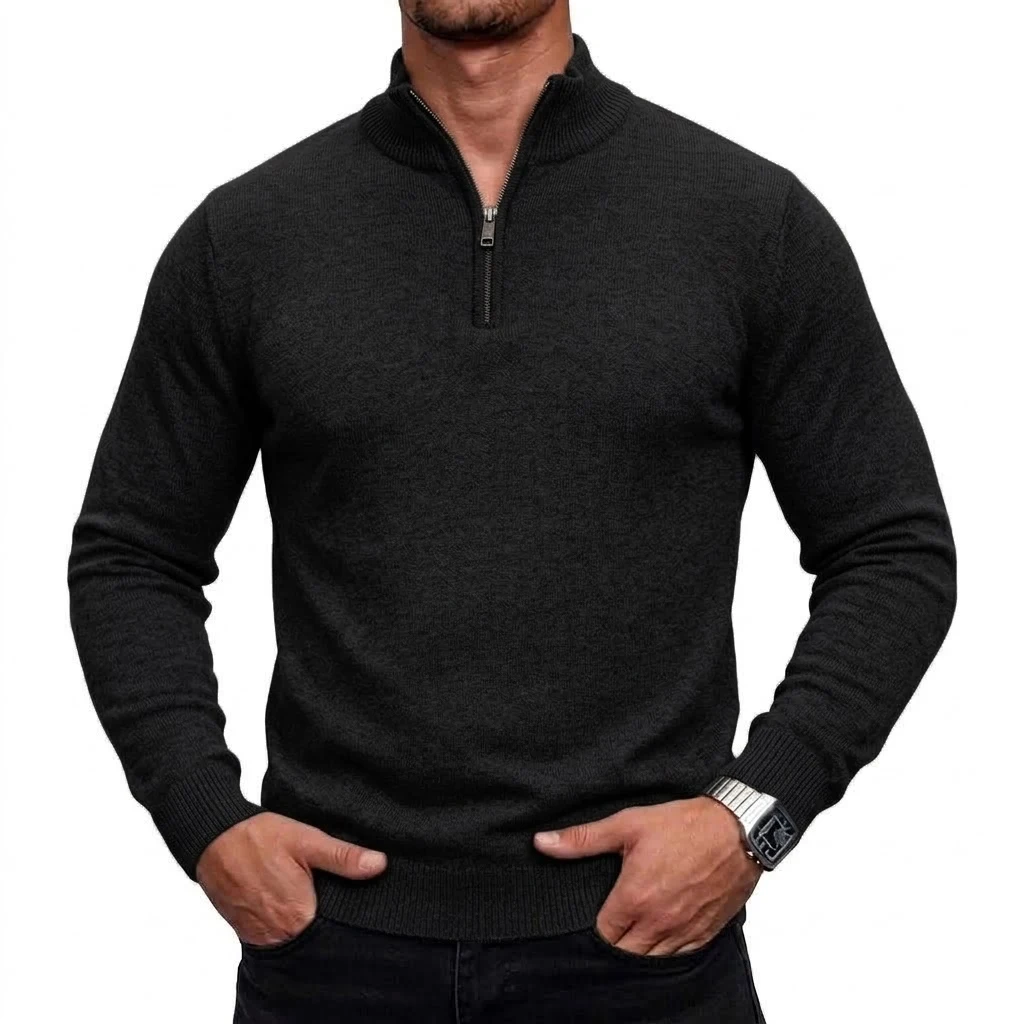 Neuer Herren-Pullover mit Reißverschluss, Slim Fit, Stehkragen, Lässiger Langarm-Strickpullover, Warmes Oberteil für den Winter, Strickbekleidung – Detail 3