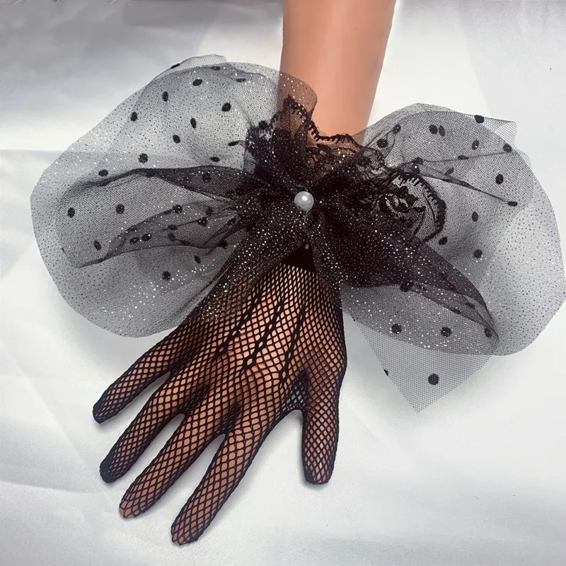 Women's Elegant Big Bow Black Mesh Glove Female Spring Summer Vintage Sunscreen Driving Photograph Glove R322