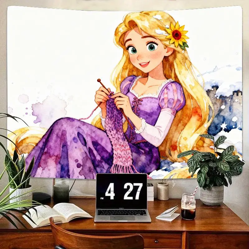 

1 шт., акварельный гобелен Диснея Рапунцель, вязание принцессы, настенное искусство, современный декор комнаты из полиэстера для девочек, подарок для спальни, общежития