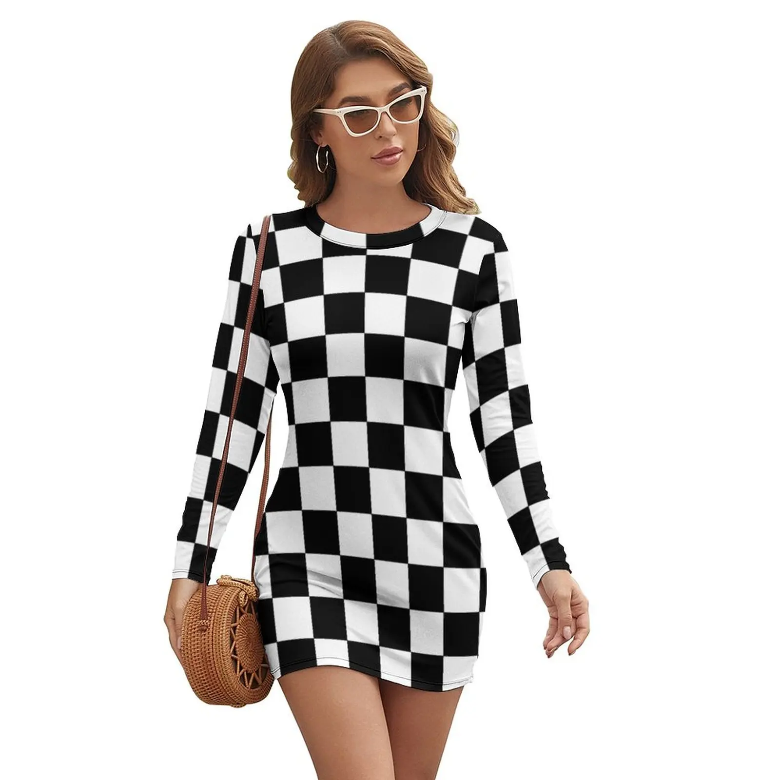 

Checkered Black and White Long-sleeved Dress long dress women sexy dress Evening gown