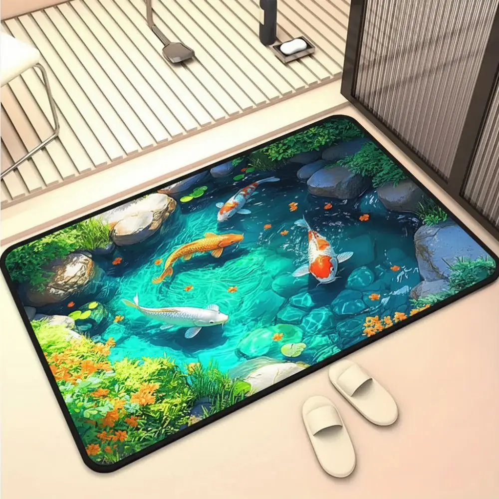 40*60cm 3D Visual Crystal Velvet Floor Mat Non-slip Water-absorbing Bedroom Door Small Rug Koi Fish Printing Abrasion-resistant