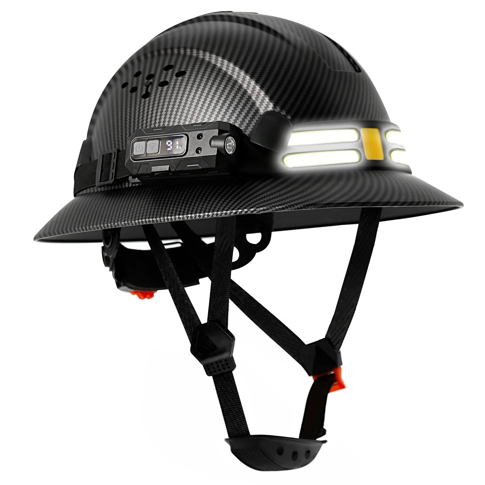 Full Brim Hard Hat with LED Headlamp, Carbon Fiber Pattern Safety Helmet for Construction Industrial Work Head Protection CE