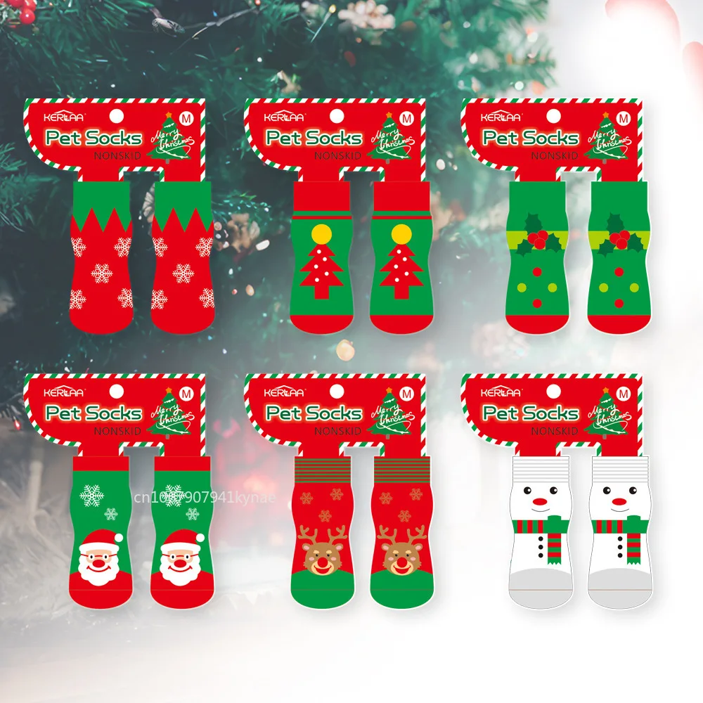 Christmas Socks for Santa Claus Elk Snowman Pet Socks Non Slip Foot Cover Christmas Supplies Dog Shoes for Small Dogs