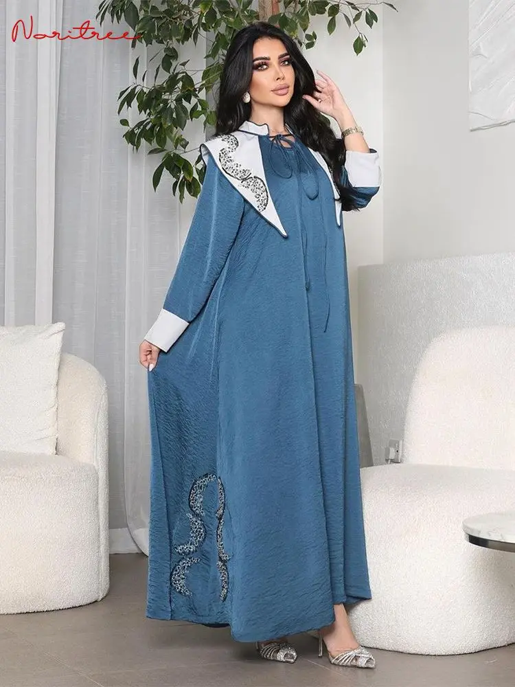 

Ramadan Eid Djellaba Silky Muslim Dress Dubai Fashion Diamond Beading Abaya Full Length Muslim Robes Islam dress WY1542