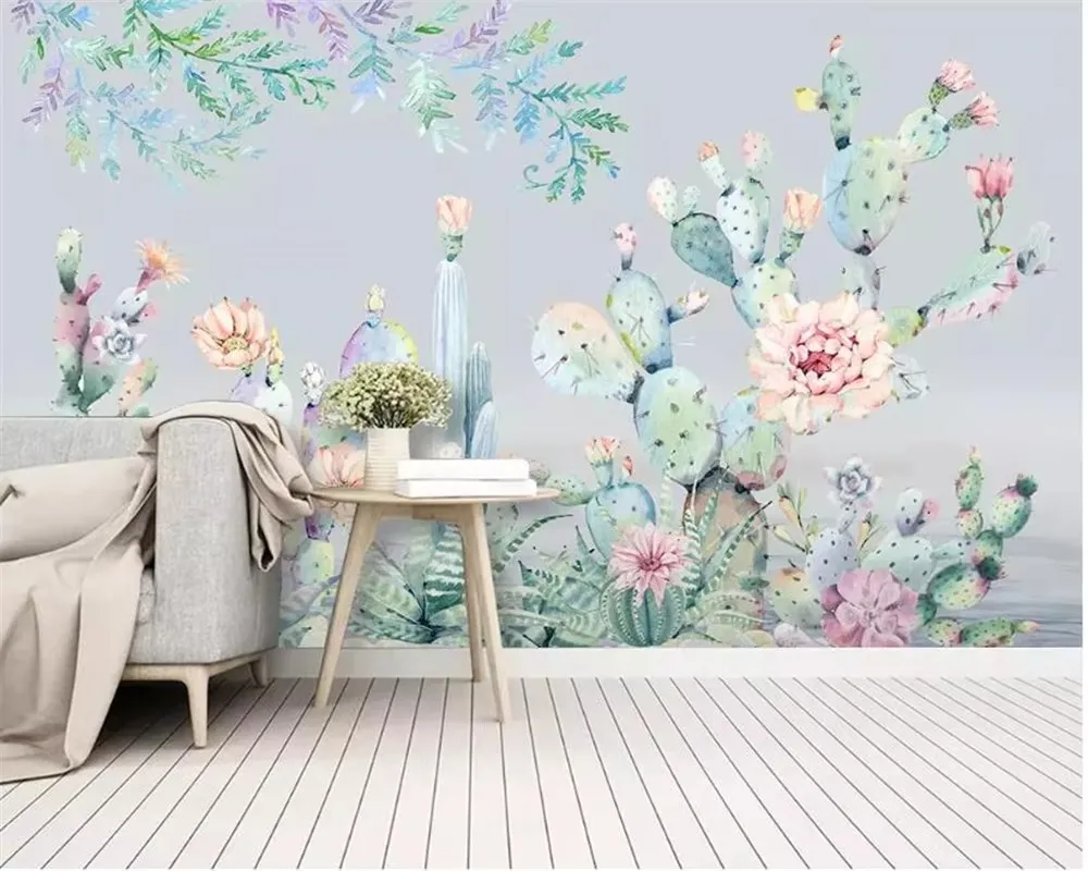 Fotobehang Nordic Cactus Tropische Plant bloemen Muurschildering Woonkamer Slaapkamer Interieur decoratieve waterdichte zijden muurschildering