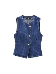 2024 Autumn and Winter New Arrivals Casual All-match Round Neck Sleeveless Blue Slim Waist Denim Vest