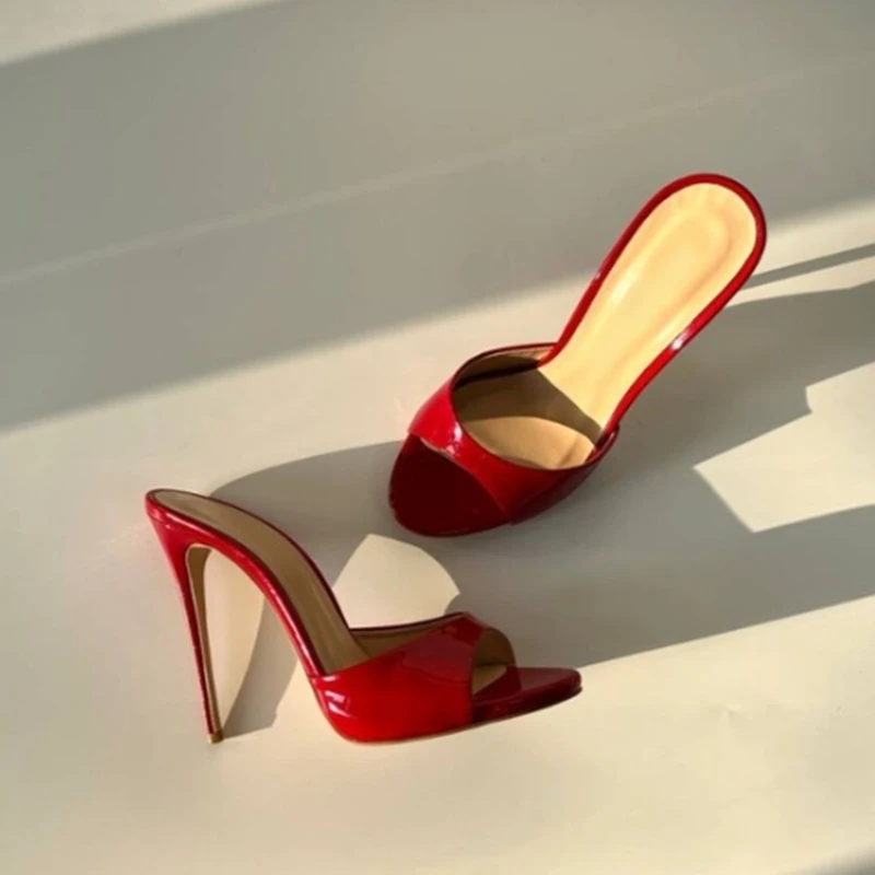 

Red Patent Leather Slip On High Heel Slipper Open Toe 12cm 10cm Stiletto High Heel Celebrating Shoes Shinny Cutout Women Sandals