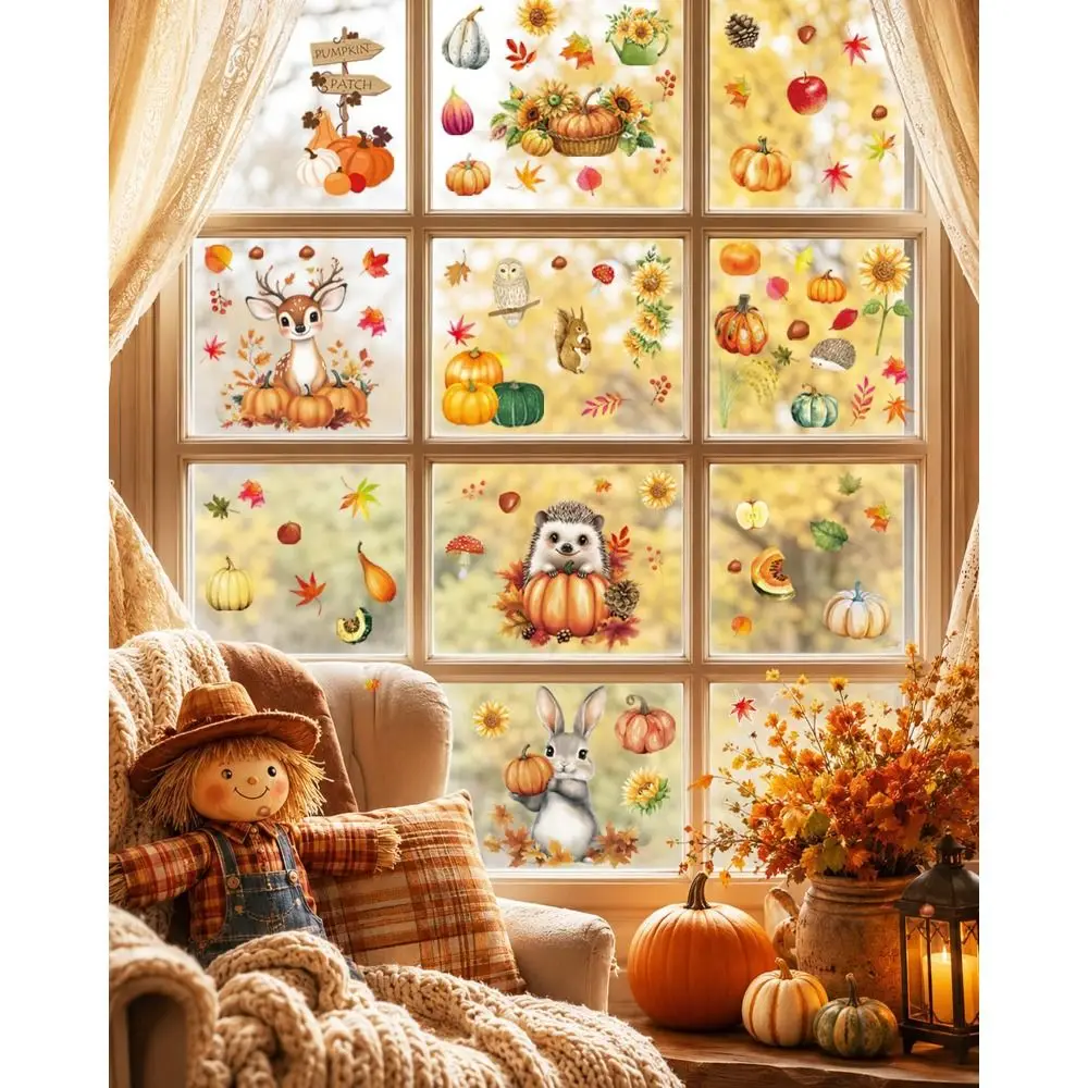 Double-Sided Fall Window Clings Waterproof Reusable Static Cling Decorations Pumpkin Scarecrow Design PVC Window Stickers