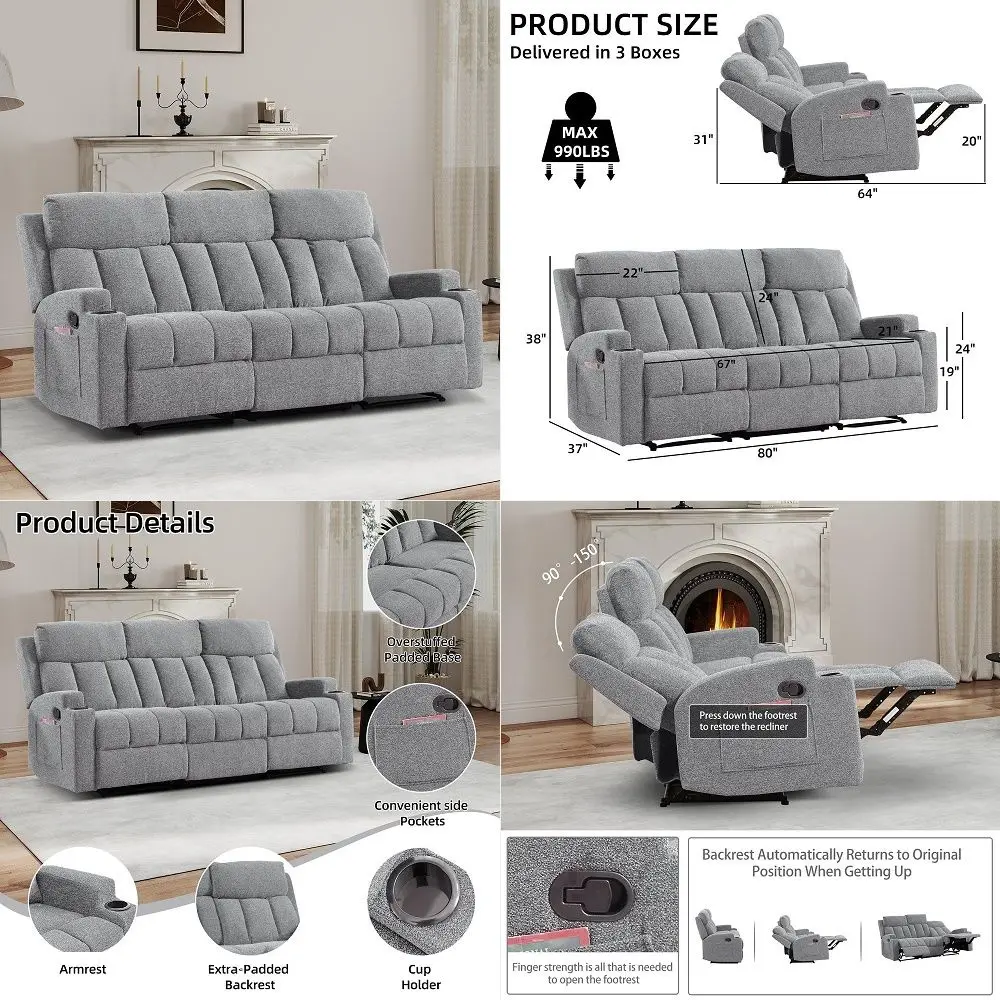 

Manual Recliner Sofa Set, 3 Seat Recliner with Side Pockets and Cup Holders, Sofa Couch with Adjustable Footrest for Living Roo