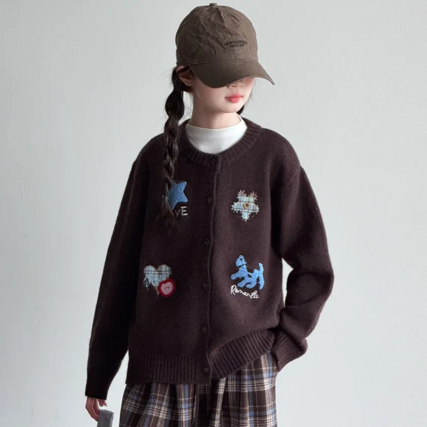 Girls Knit Cardigan Brown Autumn Patchwork Embroidery Vintage Children Sweater 2026