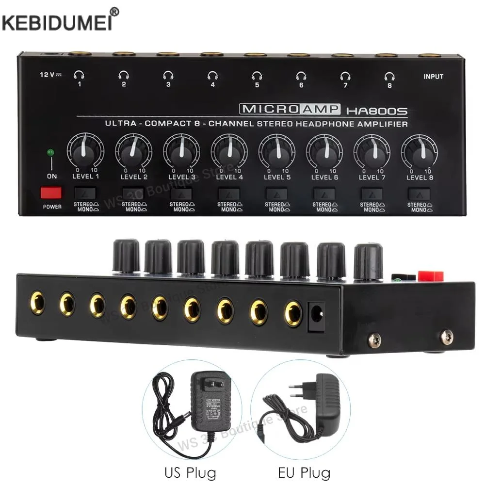 

HA800S Mini Headphone Amplifier 8 Channels Ultra-Compact Stereo Audio Amplifier With Power Adapter Earphone Splitter